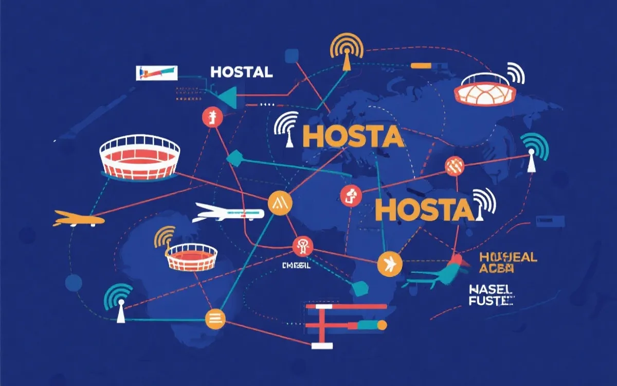 多城市世界杯的转播与交通网络概念图：城市节点与航线连接