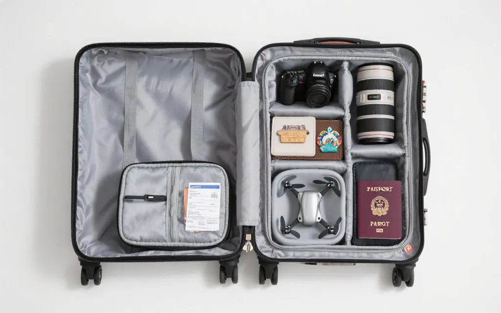 旅行箱内物品分类整理：自用、拍摄设备、纪念品与购物收据