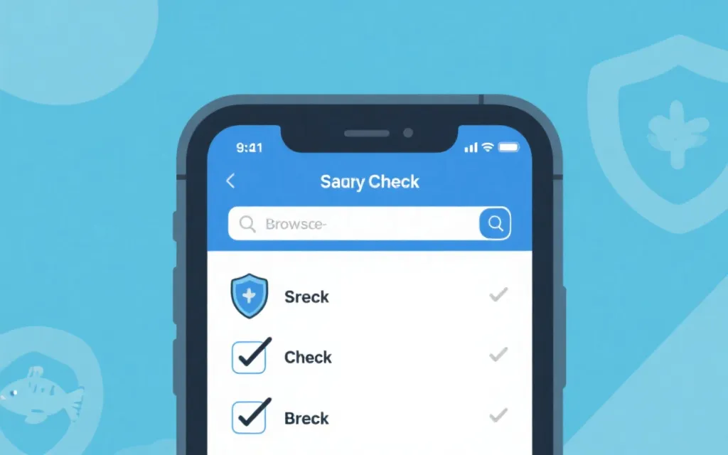 手机屏幕上显示安全检查清单与警示符号的插画风画面，强调识别钓鱼与恶意广告