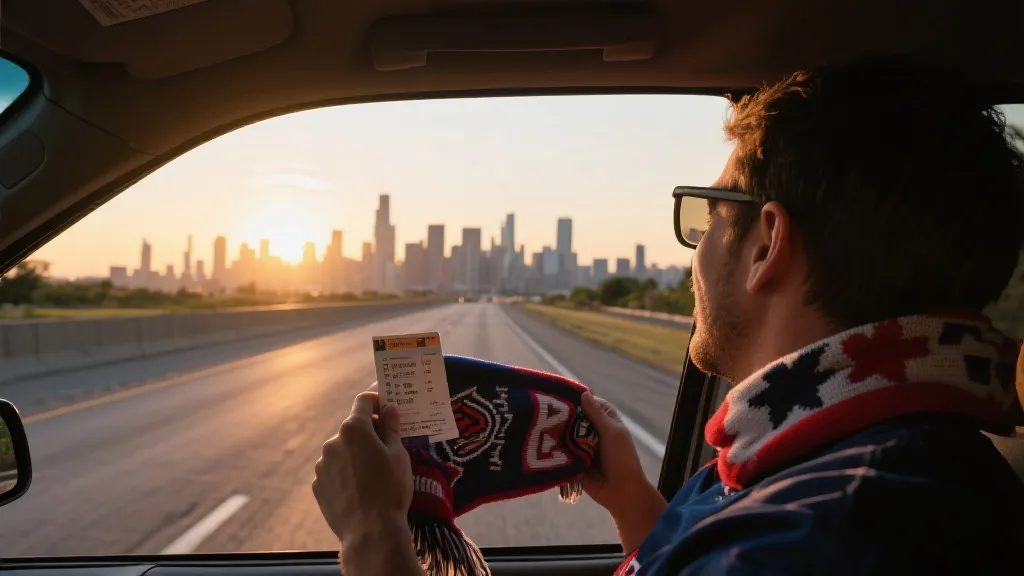 球迷在北美城市间旅行，手持球票与围巾，公路与夜色氛围